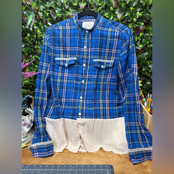 Womens Blue Plaid Button-Up Top with Blush Accents - Picture 3 of 4